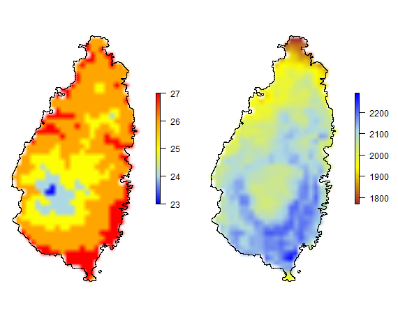 Saint Lucia average annual temperature (°C) and total annual precipitation (mm). © 2018 GADM